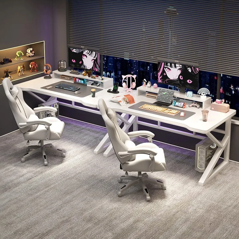 Desk Setup L Shaped - 2人用のコンピューターデスク。寝室や家庭での使用に最適。長めのテーブルで、2人で使える。寮やホテルにも適した、使いやすいデスク。