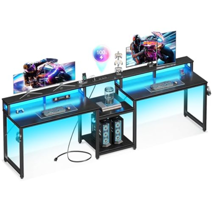 2人用ゲーミングデスク、長さ98インチ、LEDライト付き、人 - Desk Setup L Shaped のレビューと価格