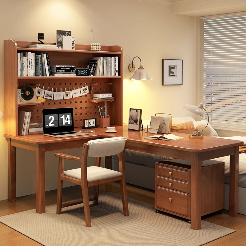モダンな7字型L字型無垢材コーナーデスク、一体型本棚付きテー - Desk Setup L Shaped のレビューと価格