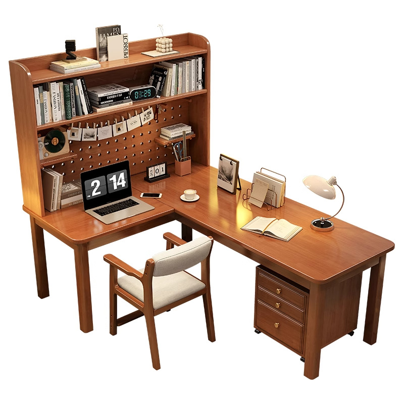 モダンな7字型L字型無垢材コーナーデスク、一体型本棚付きテー - Desk Setup L Shaped のレビューと価格